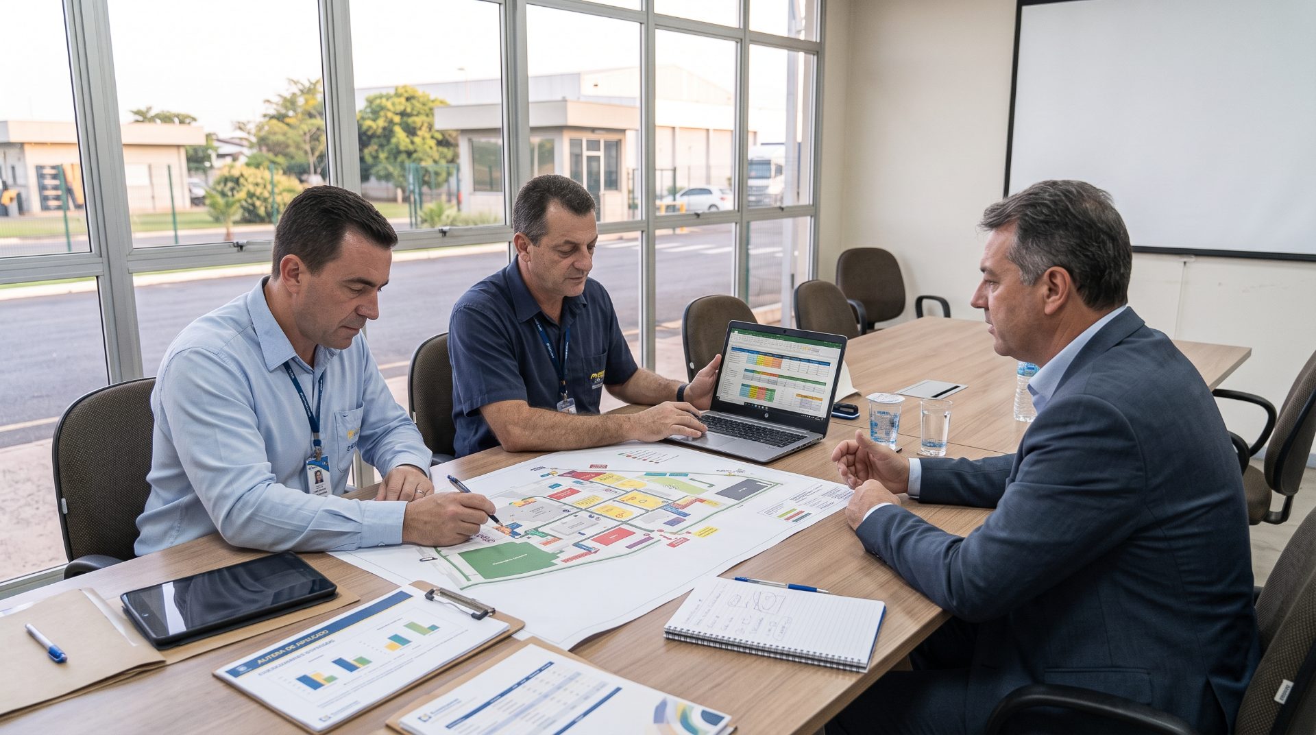 Reunião em torno de uma mesa com planta e relatórios para dimensionar postos e escalas