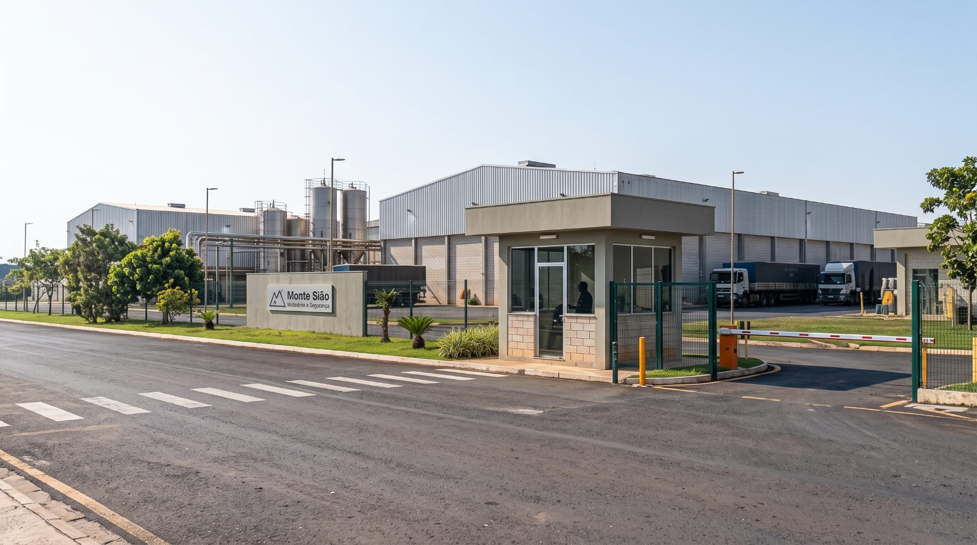 Fachada da empresa atendida, com a placa Monte Sião na entrada e a guarita ao lado da cancela