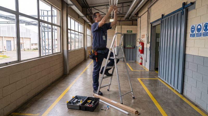 Zelador em escada trocando uma luminária no corredor