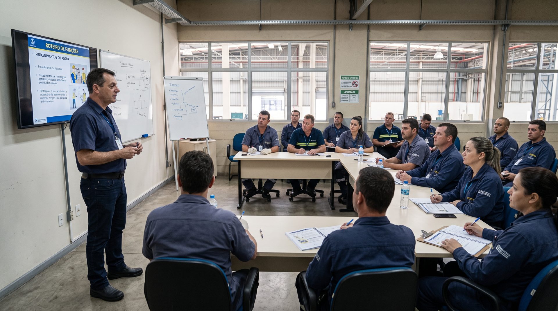 Instrutor em pé diante de uma sala de treinamento com equipe uniformizada sentada