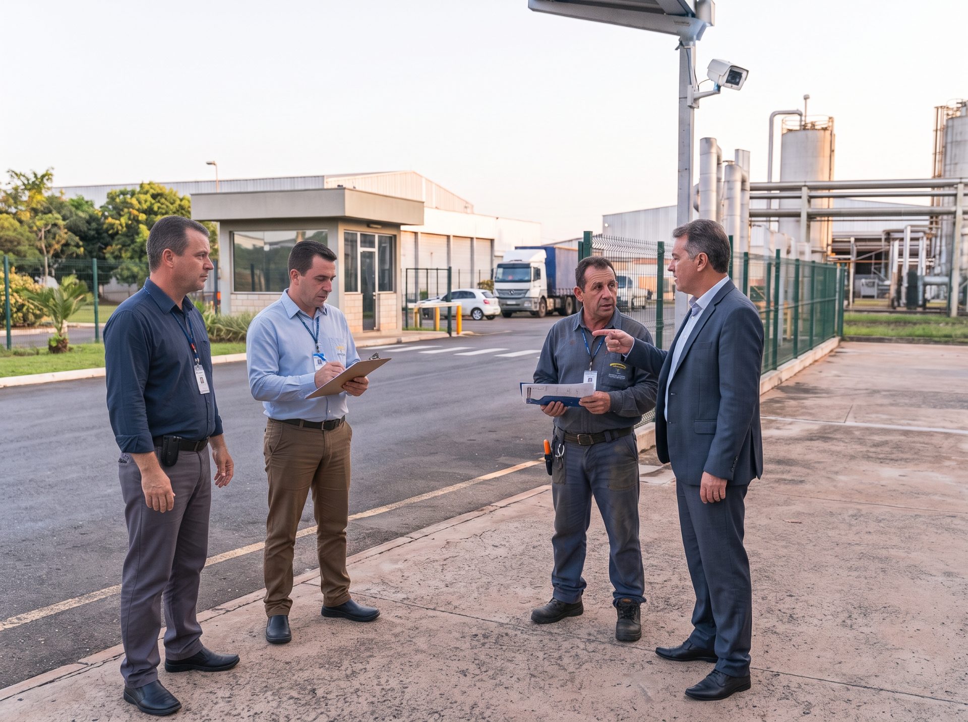 Supervisor e três profissionais conversando em pé na área externa de uma fábrica durante a visita técnica