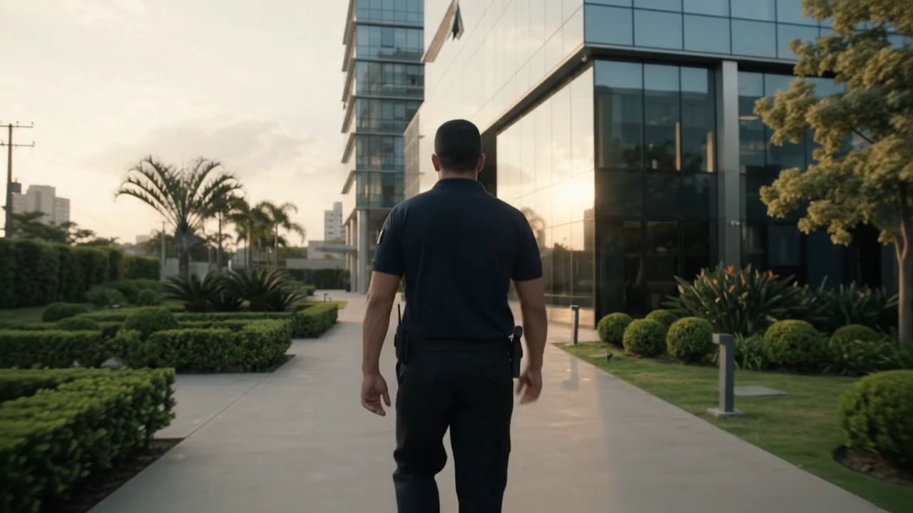 Vigilante caminhando pelo jardim do prédio ao entardecer